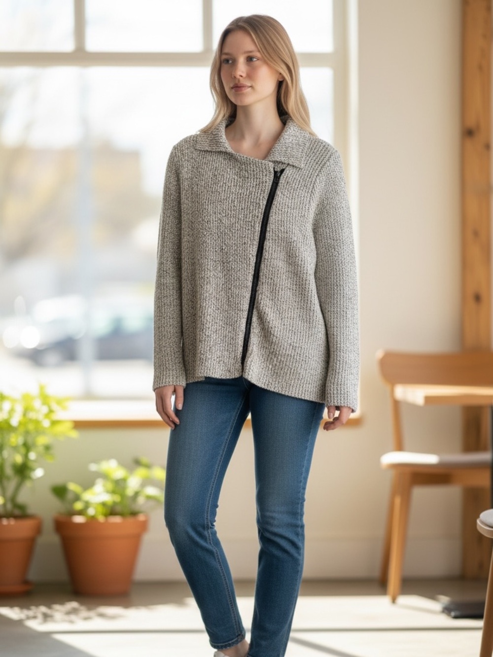 Habitat Clothing Asymmetric Marled Cotton Blend Zip Up Bomber Sweater Size Med